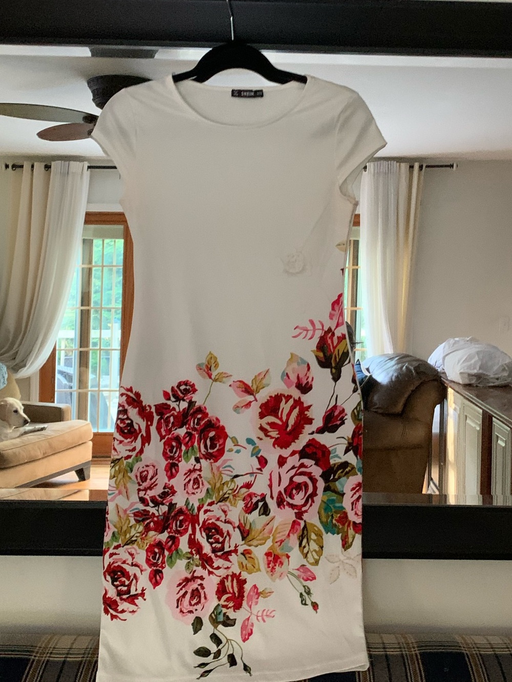 White Floral Midi Dress | Red Pink Rose Print Bodycon Sheath M
